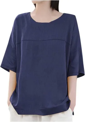 Neck Casual Loose Summer Shirt Sleeve Round Solid Women Blouse Top Short Women's Blouse Medium Pack