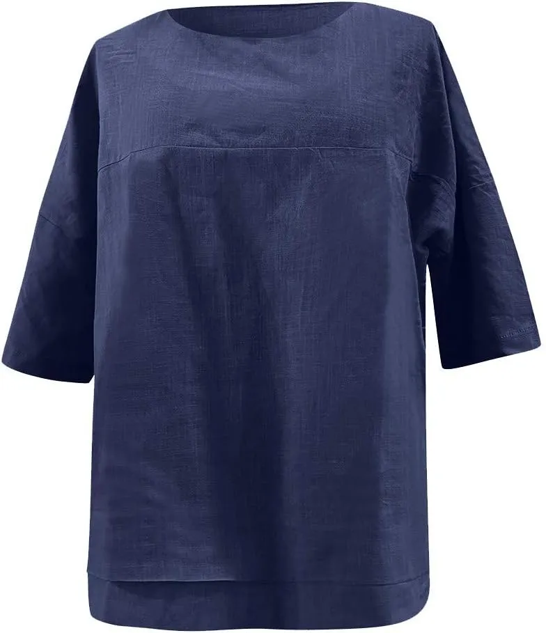 Neck Casual Loose Summer Shirt Sleeve Round Solid Women Blouse Top Short Women's Blouse Medium Pack