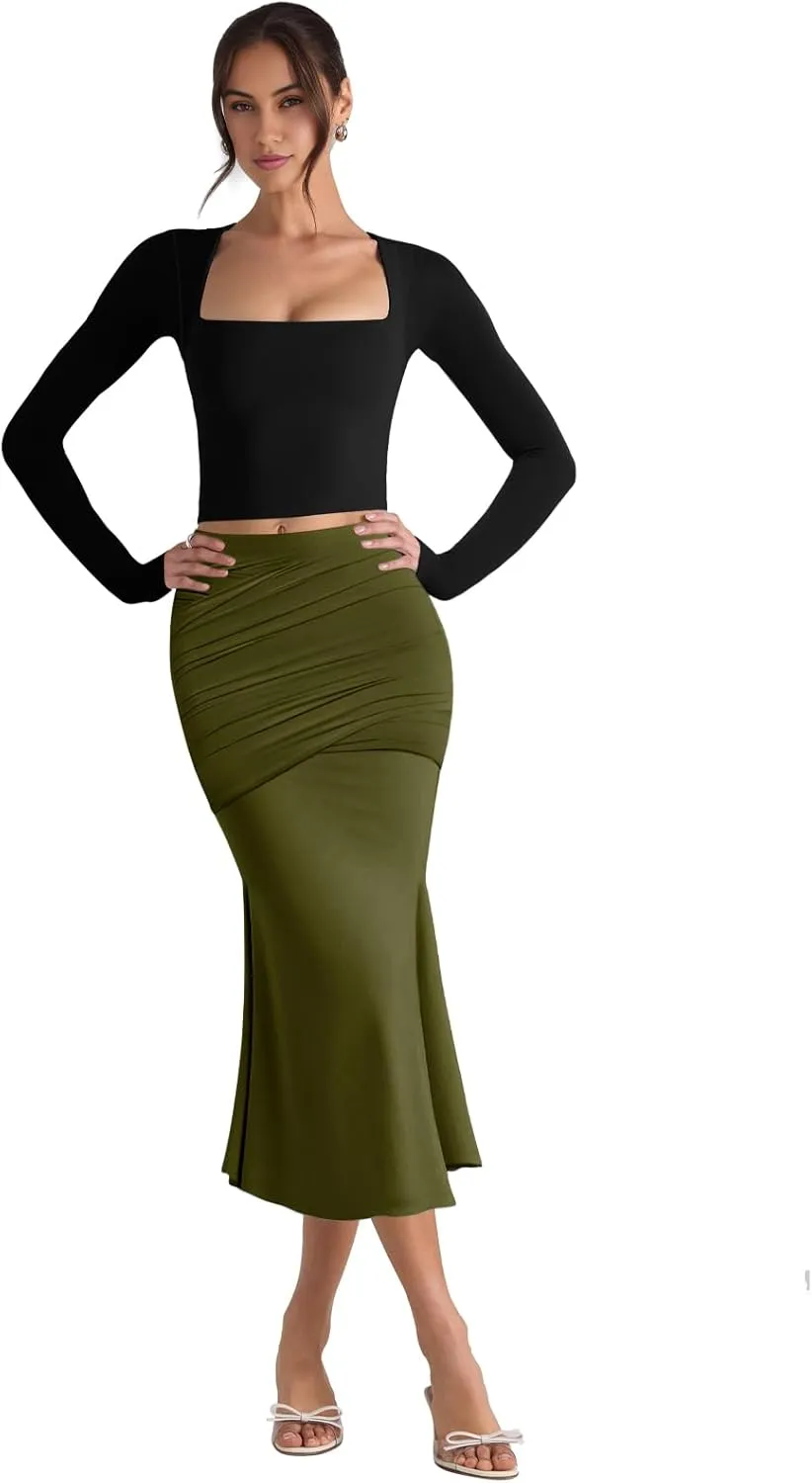 Pasgreson Women's Fishtail Midi Skirts High Waist Mermaid Bodycon Skirts Stretch Work Business Pencil Skirt