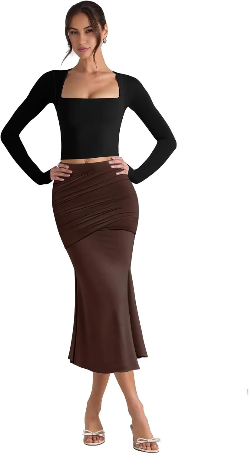 Pasgreson Women's Fishtail Midi Skirts High Waist Mermaid Bodycon Skirts Stretch Work Business Pencil Skirt
