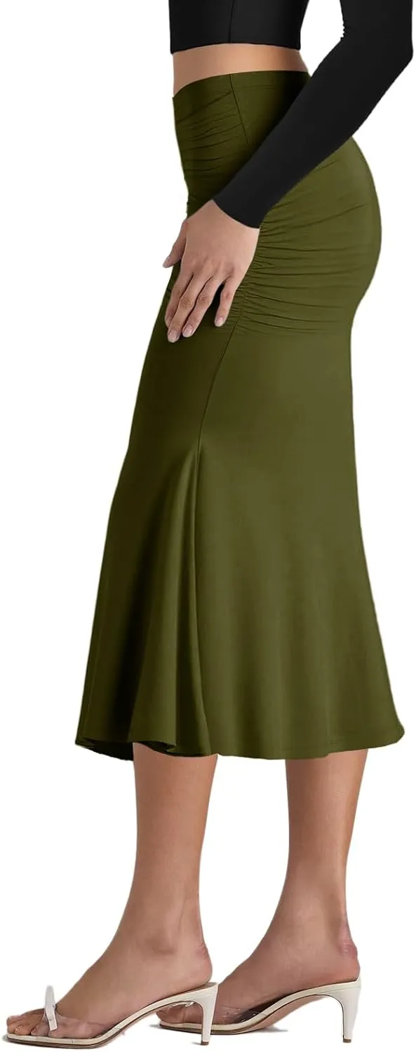 Pasgreson Women's Fishtail Midi Skirts High Waist Mermaid Bodycon Skirts Stretch Work Business Pencil Skirt