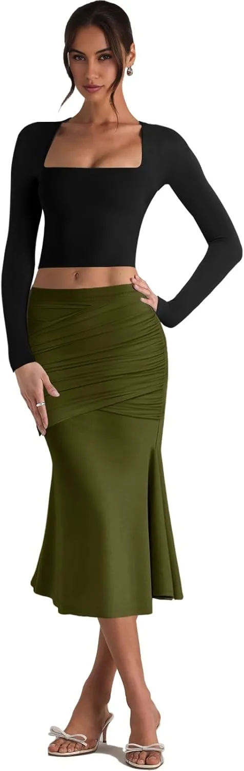 Pasgreson Women's Fishtail Midi Skirts High Waist Mermaid Bodycon Skirts Stretch Work Business Pencil Skirt