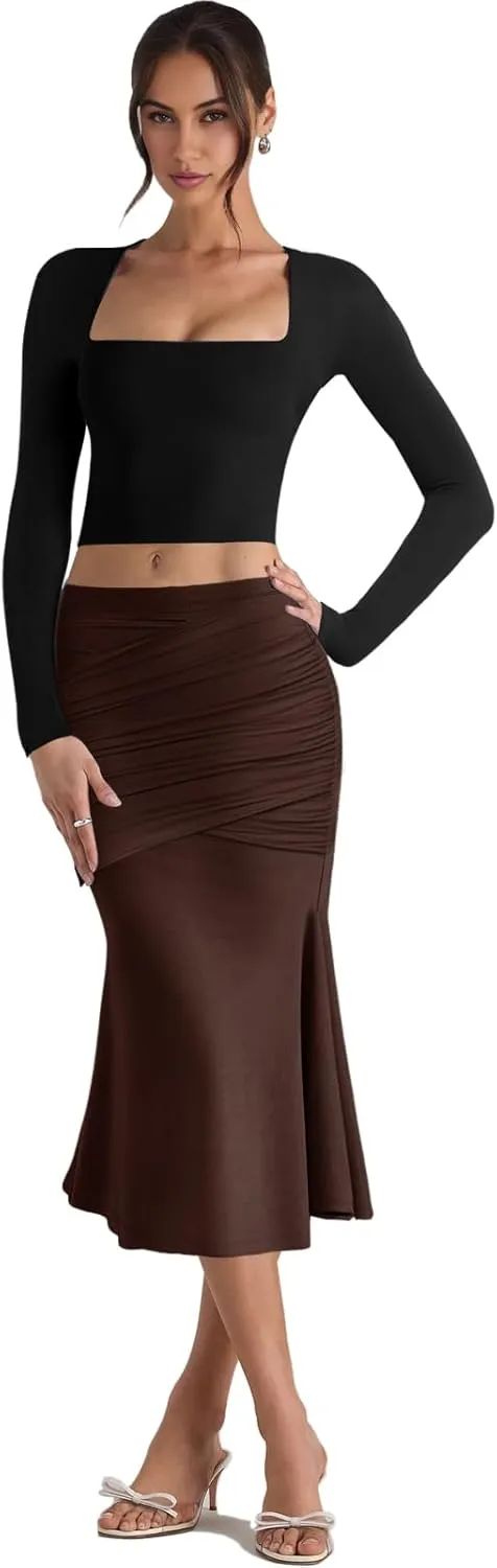 Pasgreson Women's Fishtail Midi Skirts High Waist Mermaid Bodycon Skirts Stretch Work Business Pencil Skirt