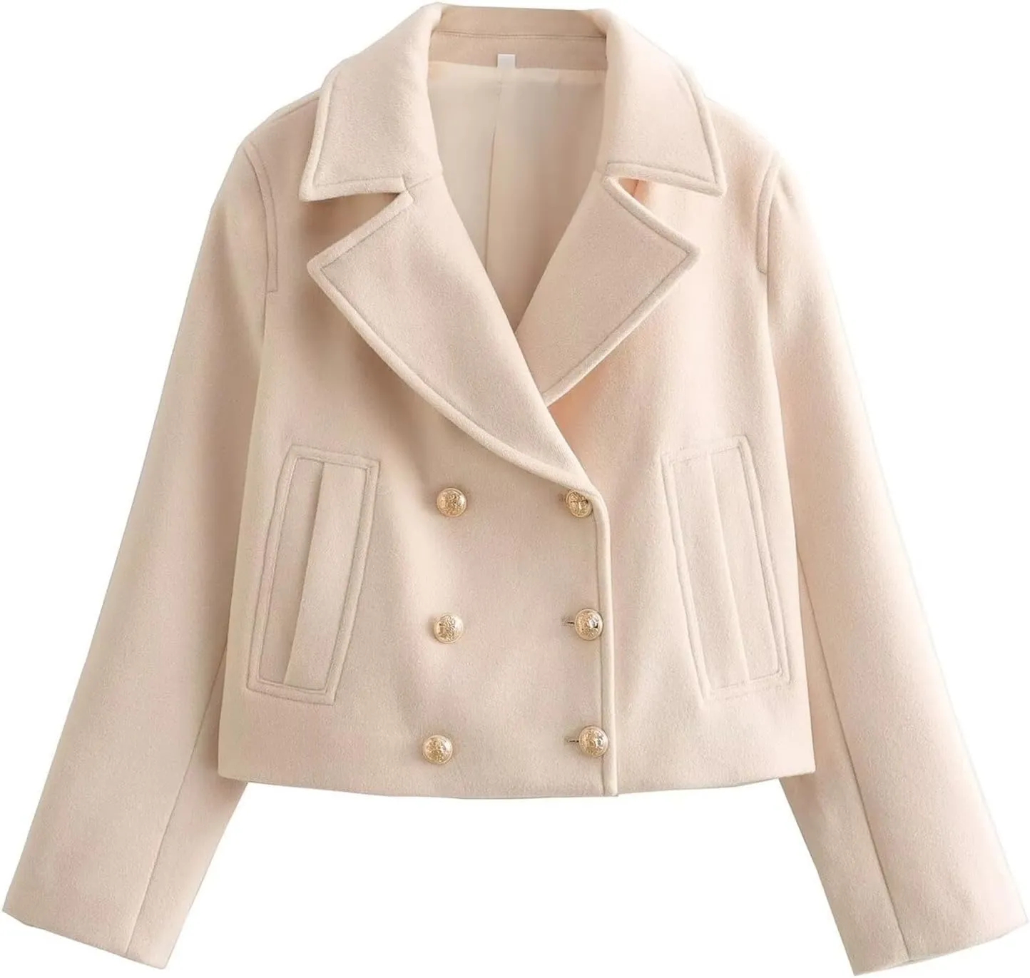 Perbai Women's Cropped Trench Coat Double Breasted Notched Lapel Peacoats Wool Blend Jacket with Pockets