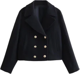 Perbai Women's Cropped Trench Coat Double Breasted Notched Lapel Peacoats Wool Blend Jacket with Pockets