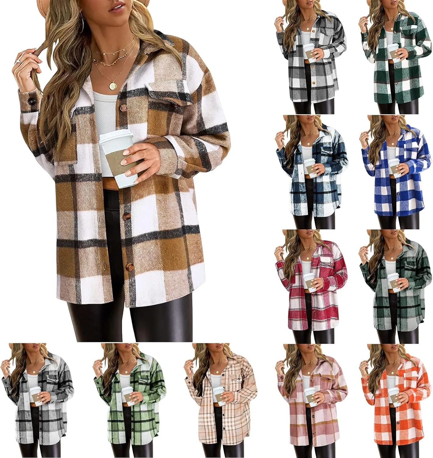Plaid Shacket Jacket Womens Fall Fashion Long Sleeve Button Down Shirts Lightweight Boyfriend Oversized Blouses Top