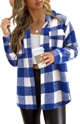 Plaid Shacket Jacket Womens Fall Fashion Long Sleeve Button Down Shirts Lightweight Boyfriend Oversized Blouses Top
