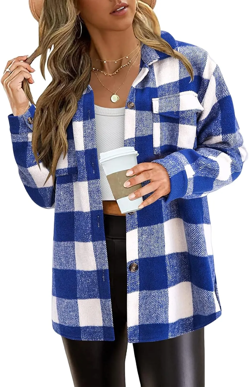 Plaid Shacket Jacket Womens Fall Fashion Long Sleeve Button Down Shirts Lightweight Boyfriend Oversized Blouses Top