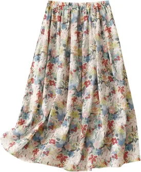 Polka Dot Skirts for Women Midi Length Casual Drawstring Elastic Waisted Swing A-Line Pleated Skirt