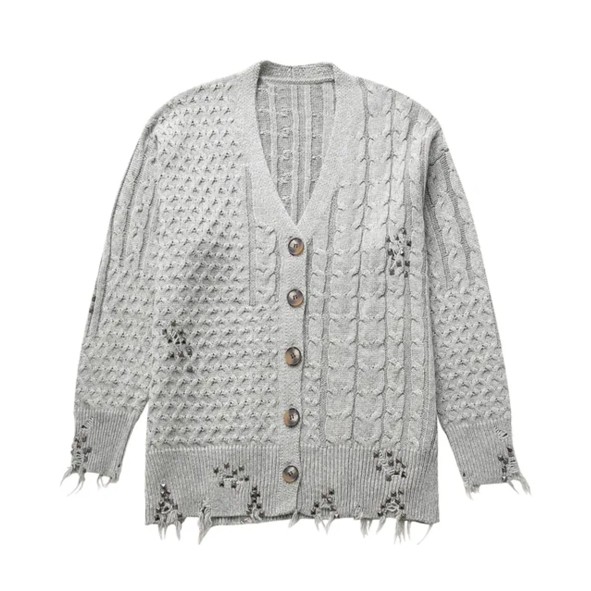 Pre Order:  Studded Braided Knit Ripped Cardigan