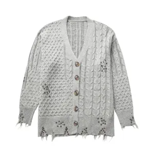 Pre Order:  Studded Braided Knit Ripped Cardigan