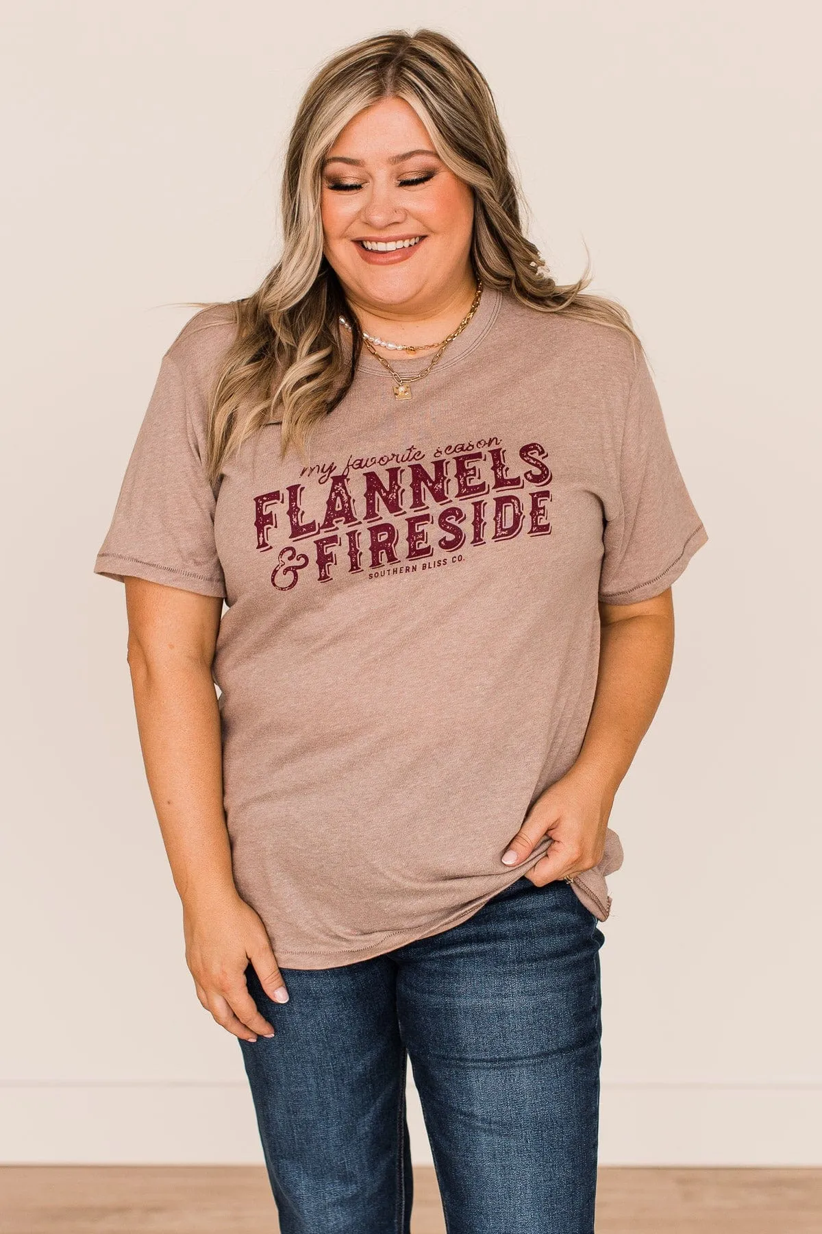 "Flannels & Fireside" Graphic Tee- Light Mocha