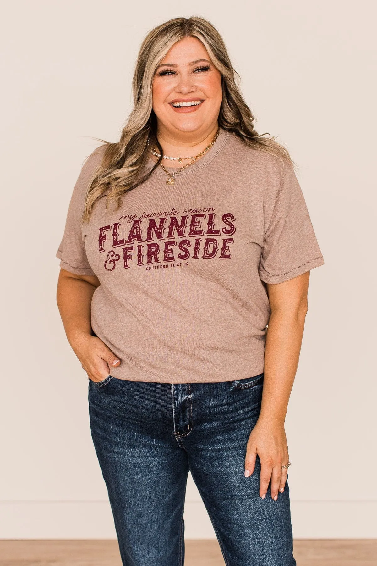 "Flannels & Fireside" Graphic Tee- Light Mocha