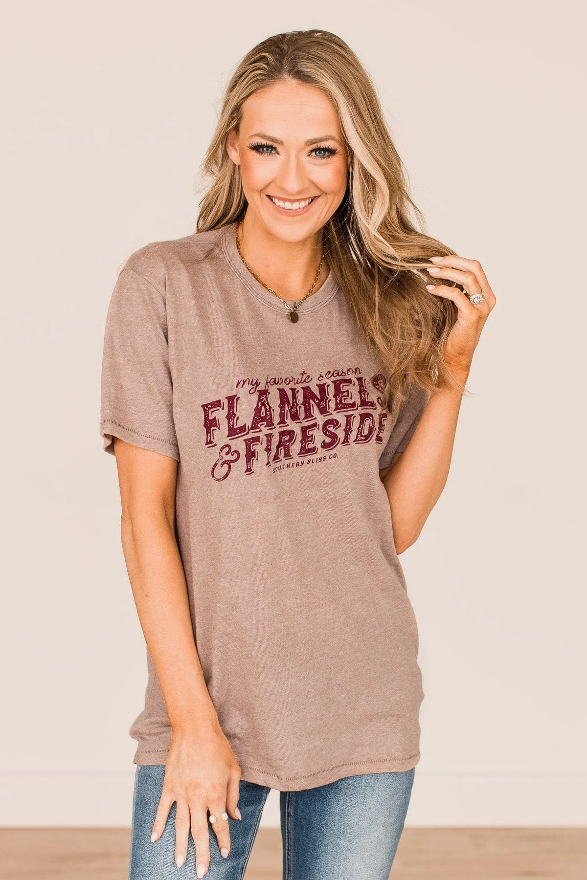 "Flannels & Fireside" Graphic Tee- Light Mocha