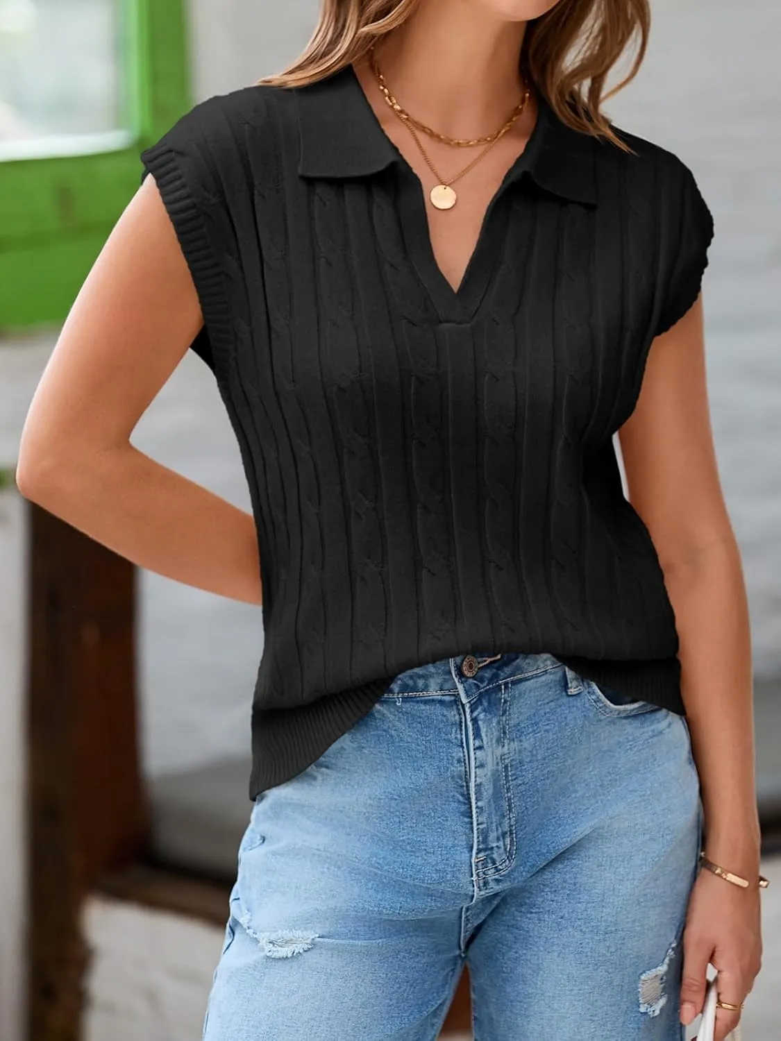 Saodimallsu Womens V Neck Polo Sweater Vest Cable Knit Cap Sleeve Spring Summer Casual Loose Pullover Tops
