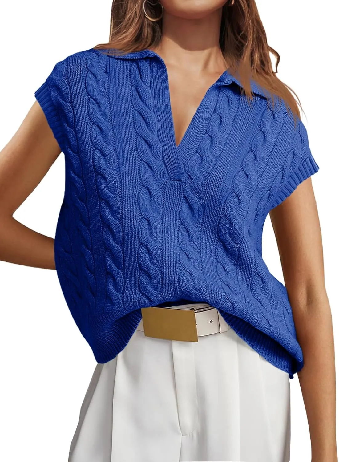 Saodimallsu Womens V Neck Polo Sweater Vest Cable Knit Cap Sleeve Spring Summer Casual Loose Pullover Tops