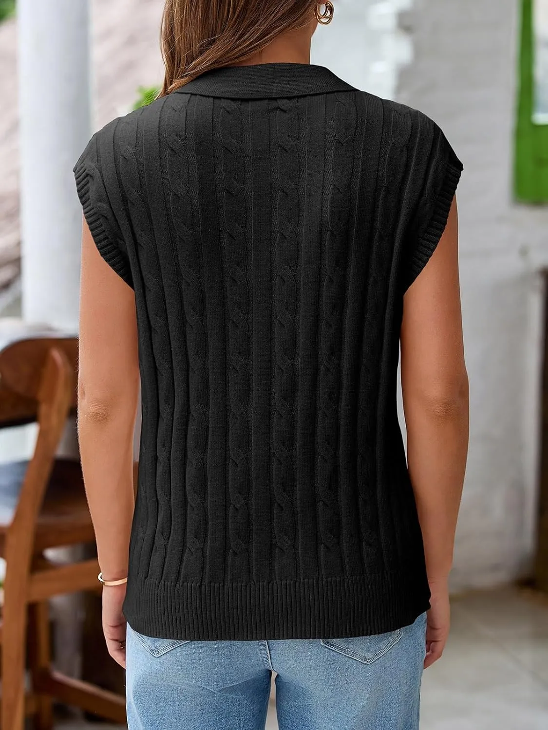 Saodimallsu Womens V Neck Polo Sweater Vest Cable Knit Cap Sleeve Spring Summer Casual Loose Pullover Tops