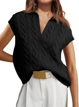 Saodimallsu Womens V Neck Polo Sweater Vest Cable Knit Cap Sleeve Spring Summer Casual Loose Pullover Tops
