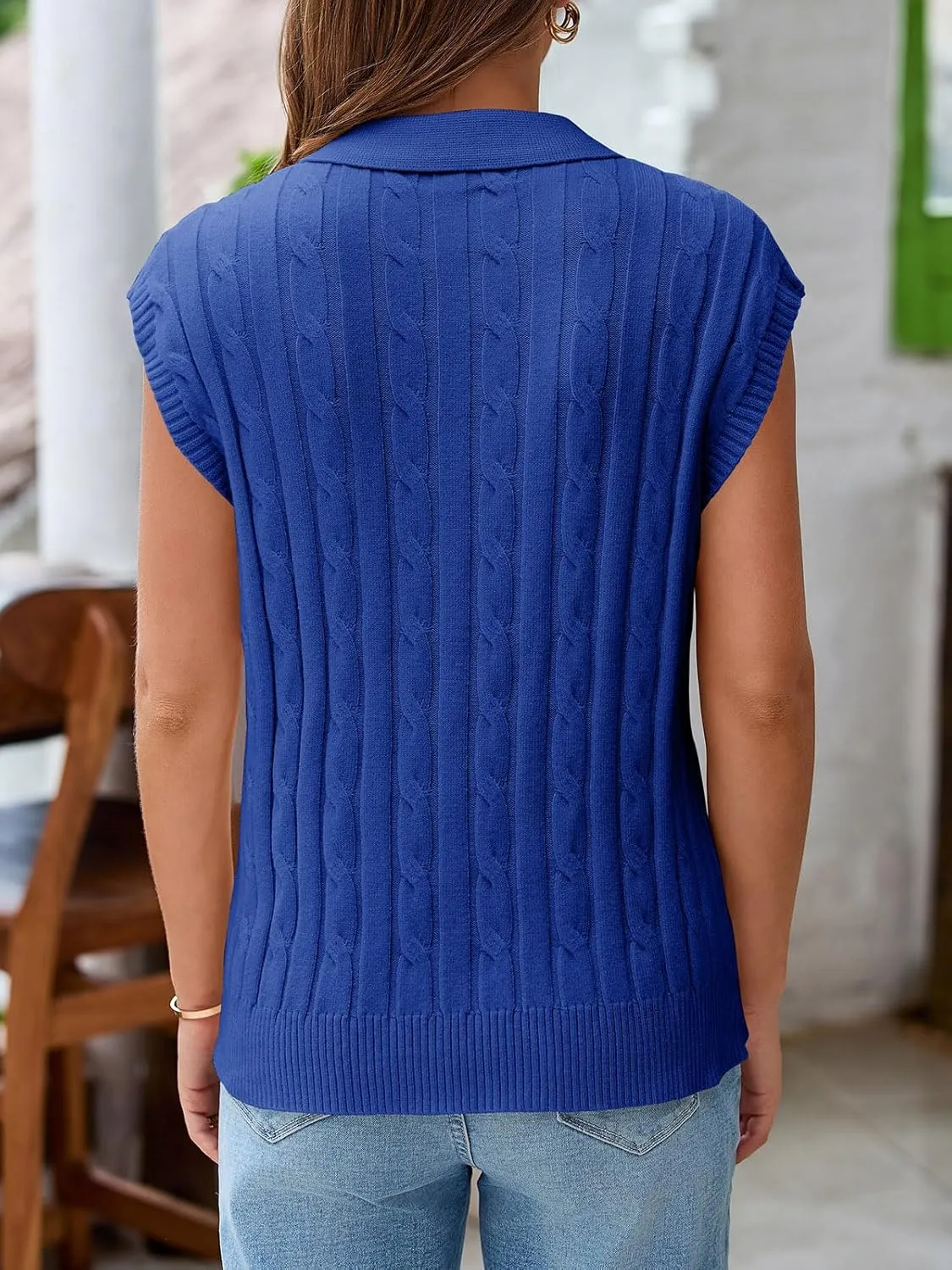 Saodimallsu Womens V Neck Polo Sweater Vest Cable Knit Cap Sleeve Spring Summer Casual Loose Pullover Tops