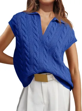 Saodimallsu Womens V Neck Polo Sweater Vest Cable Knit Cap Sleeve Spring Summer Casual Loose Pullover Tops