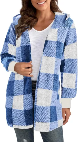 Sherpa Jacket Women Soft Comfy Plaid Fuzzy Fleece Jacket Open Front Hooded Cardigan Casual Oversized Outerwear