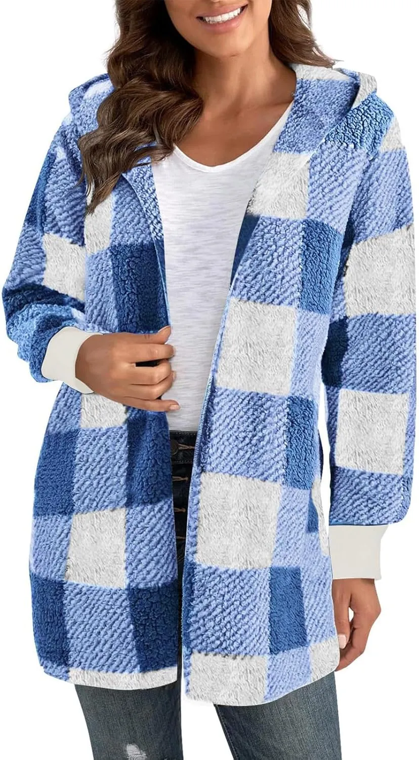 Sherpa Jacket Women Soft Comfy Plaid Fuzzy Fleece Jacket Open Front Hooded Cardigan Casual Oversized Outerwear