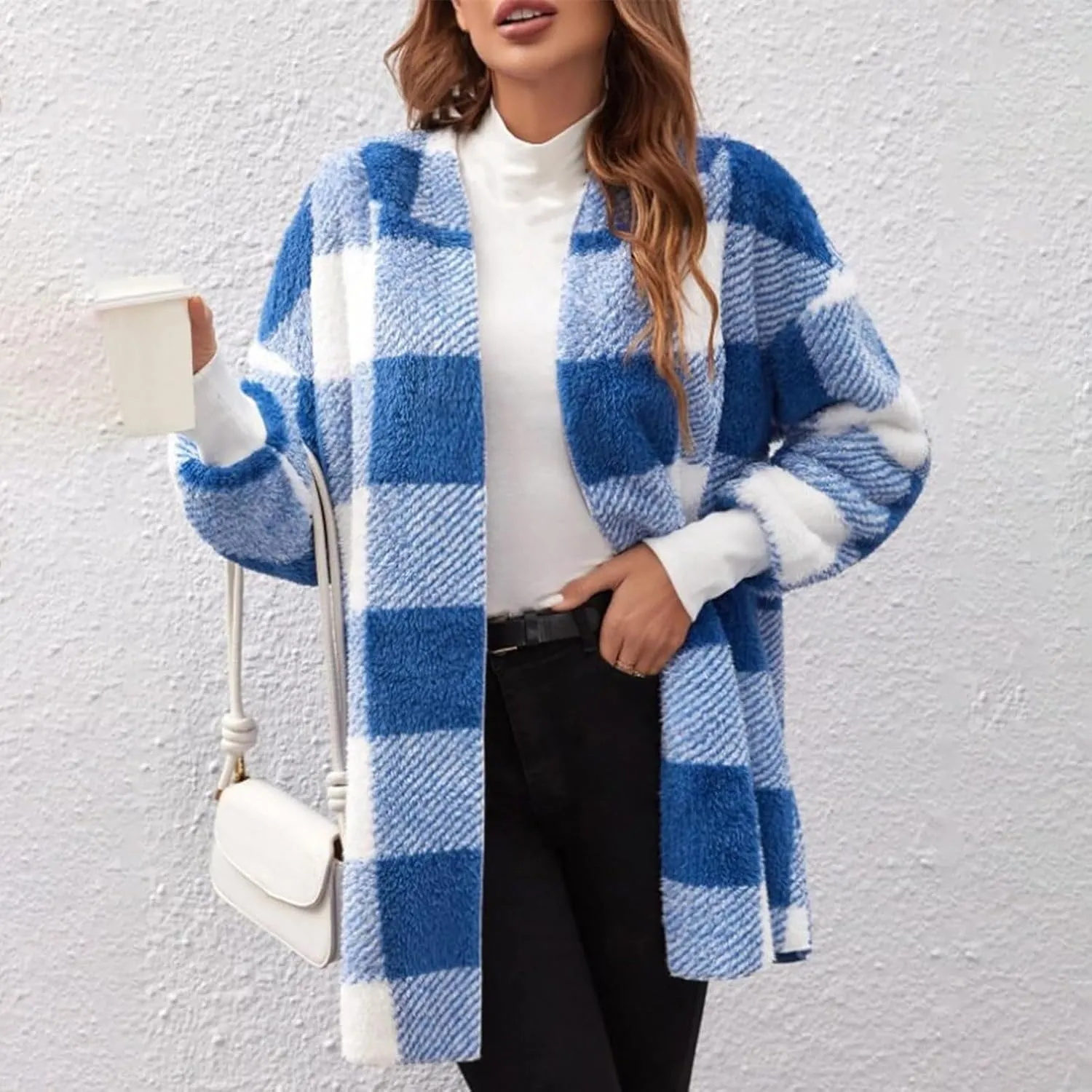 Sherpa Jacket Women Soft Comfy Plaid Fuzzy Fleece Jacket Open Front Hooded Cardigan Casual Oversized Outerwear
