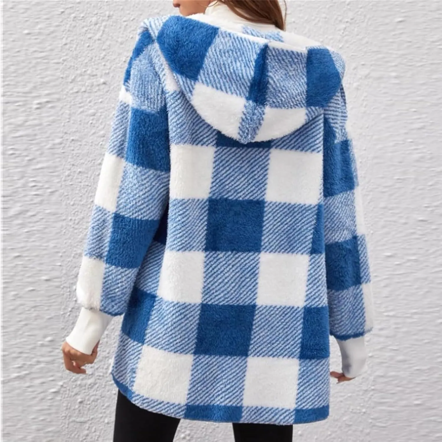 Sherpa Jacket Women Soft Comfy Plaid Fuzzy Fleece Jacket Open Front Hooded Cardigan Casual Oversized Outerwear