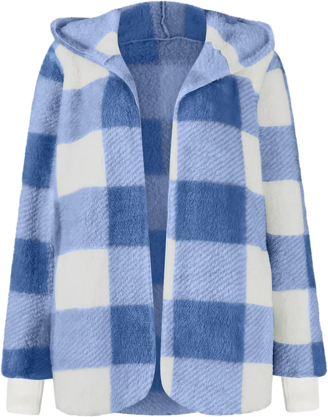 Sherpa Jacket Women Soft Comfy Plaid Fuzzy Fleece Jacket Open Front Hooded Cardigan Casual Oversized Outerwear