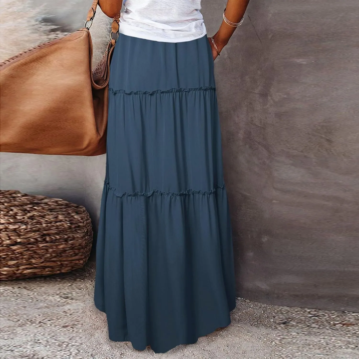 Skirts for Women Summer Flowy Tiered Elastic High Waisted Skirt Vacation Swing Long Solid/Floral Maxi Skirts