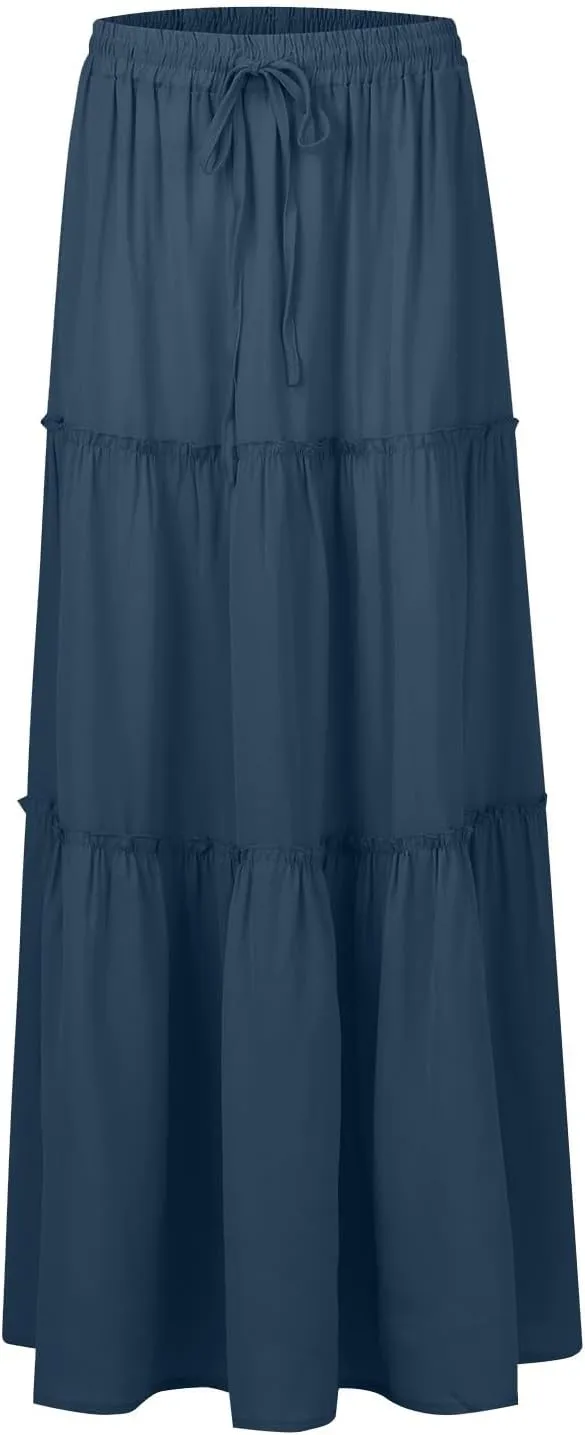 Skirts for Women Summer Flowy Tiered Elastic High Waisted Skirt Vacation Swing Long Solid/Floral Maxi Skirts