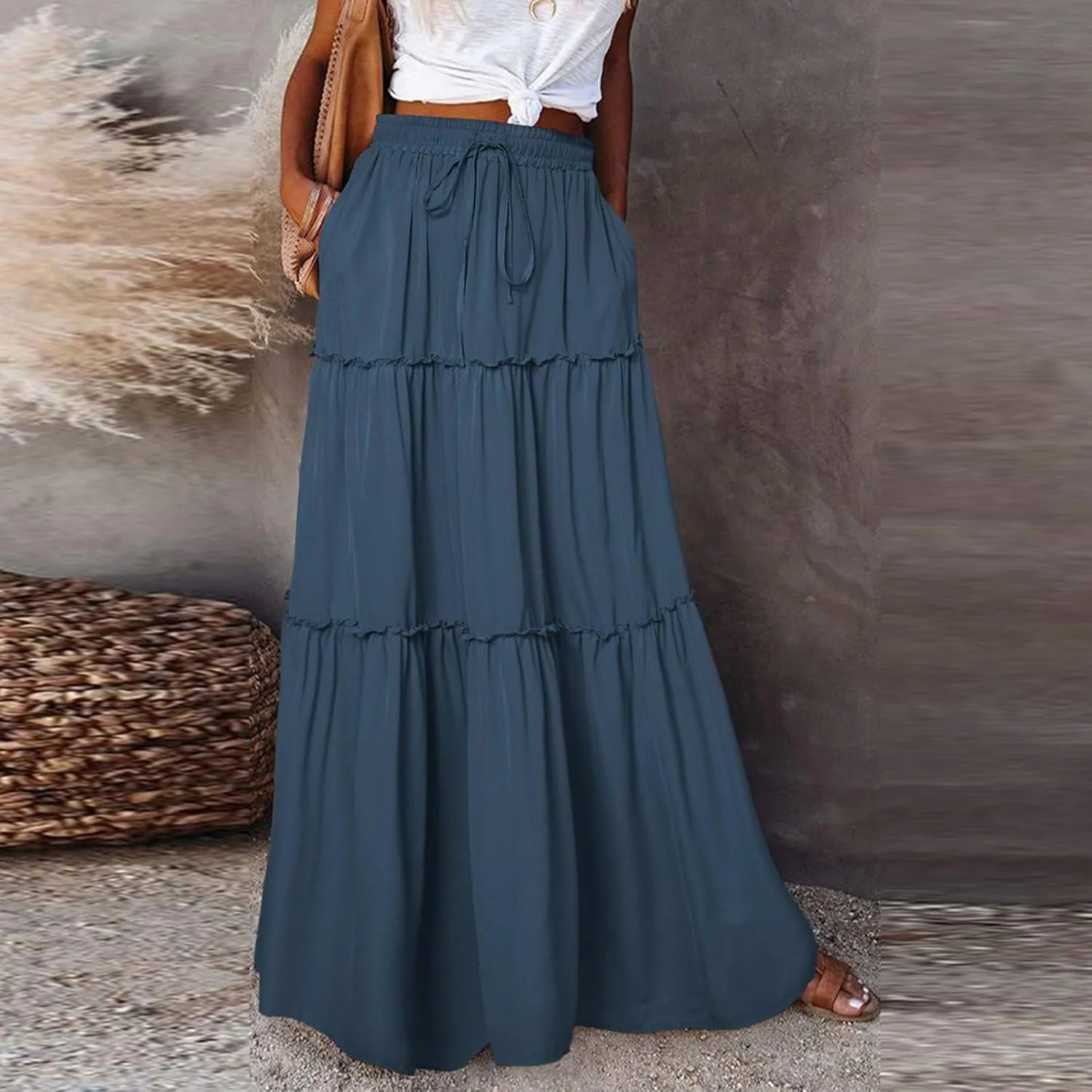 Skirts for Women Summer Flowy Tiered Elastic High Waisted Skirt Vacation Swing Long Solid/Floral Maxi Skirts