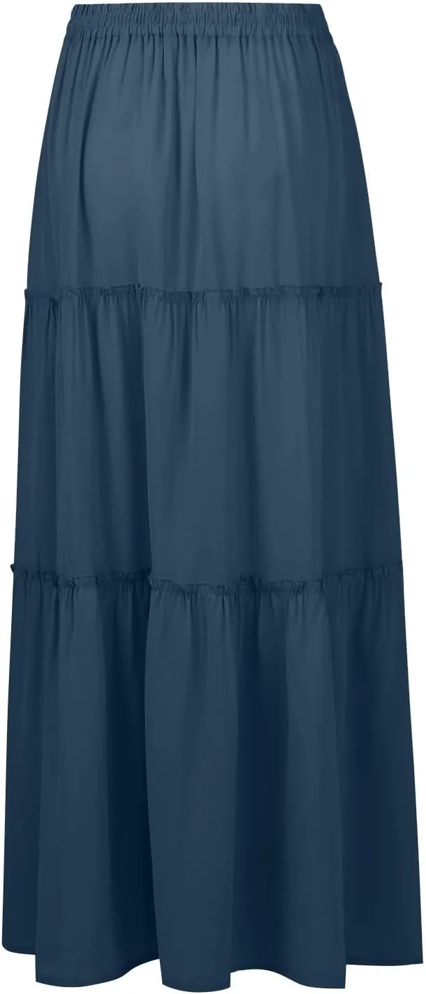 Skirts for Women Summer Flowy Tiered Elastic High Waisted Skirt Vacation Swing Long Solid/Floral Maxi Skirts