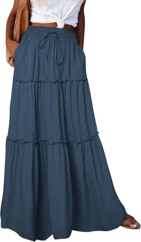 Skirts for Women Summer Flowy Tiered Elastic High Waisted Skirt Vacation Swing Long Solid/Floral Maxi Skirts