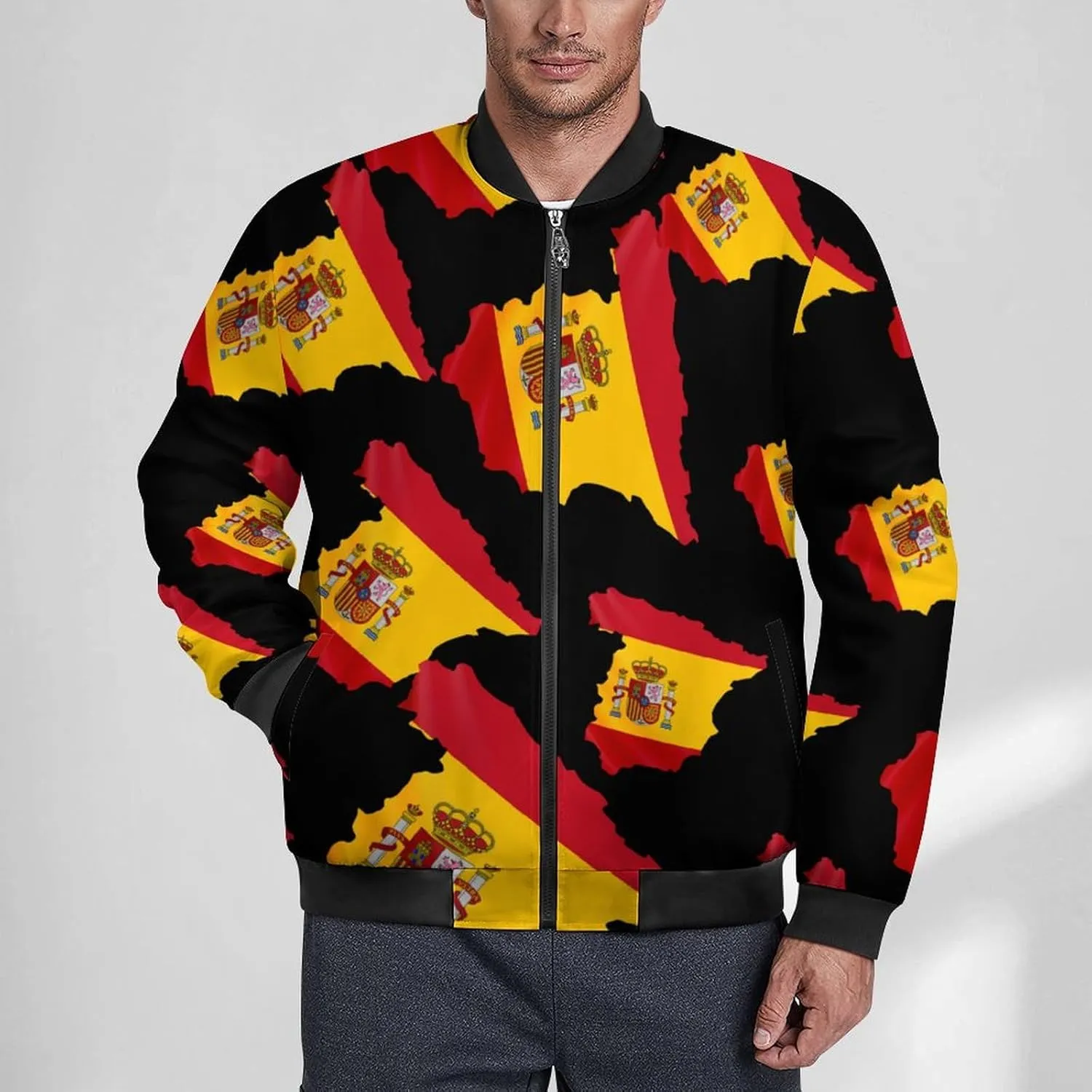 Spain Flag Map Men's Bomber Jacket Lightweight Windbreaker Fashion Spring Fall Coats Casual Jackets for Men