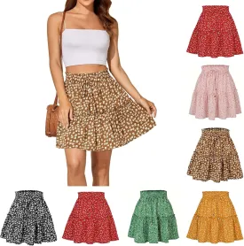Summer Mini Skirts for Women 2025 Drawstring High Waisted Ditsy Floral Skirts Vacation Beach Boho A Line Short Skirt