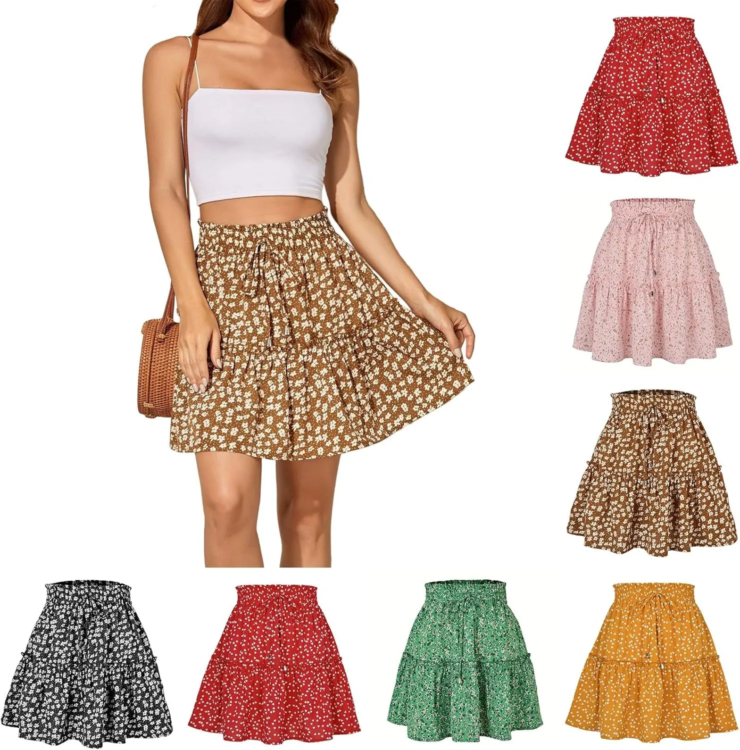 Summer Mini Skirts for Women 2025 Drawstring High Waisted Ditsy Floral Skirts Vacation Beach Boho A Line Short Skirt