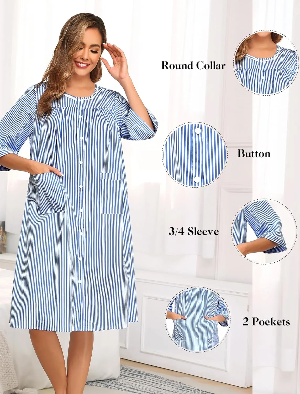 SWOMOG House Dress for Women Snap Front Dusters for Women with Pockets 3/4 Sleeve Nightgown S-XXXL