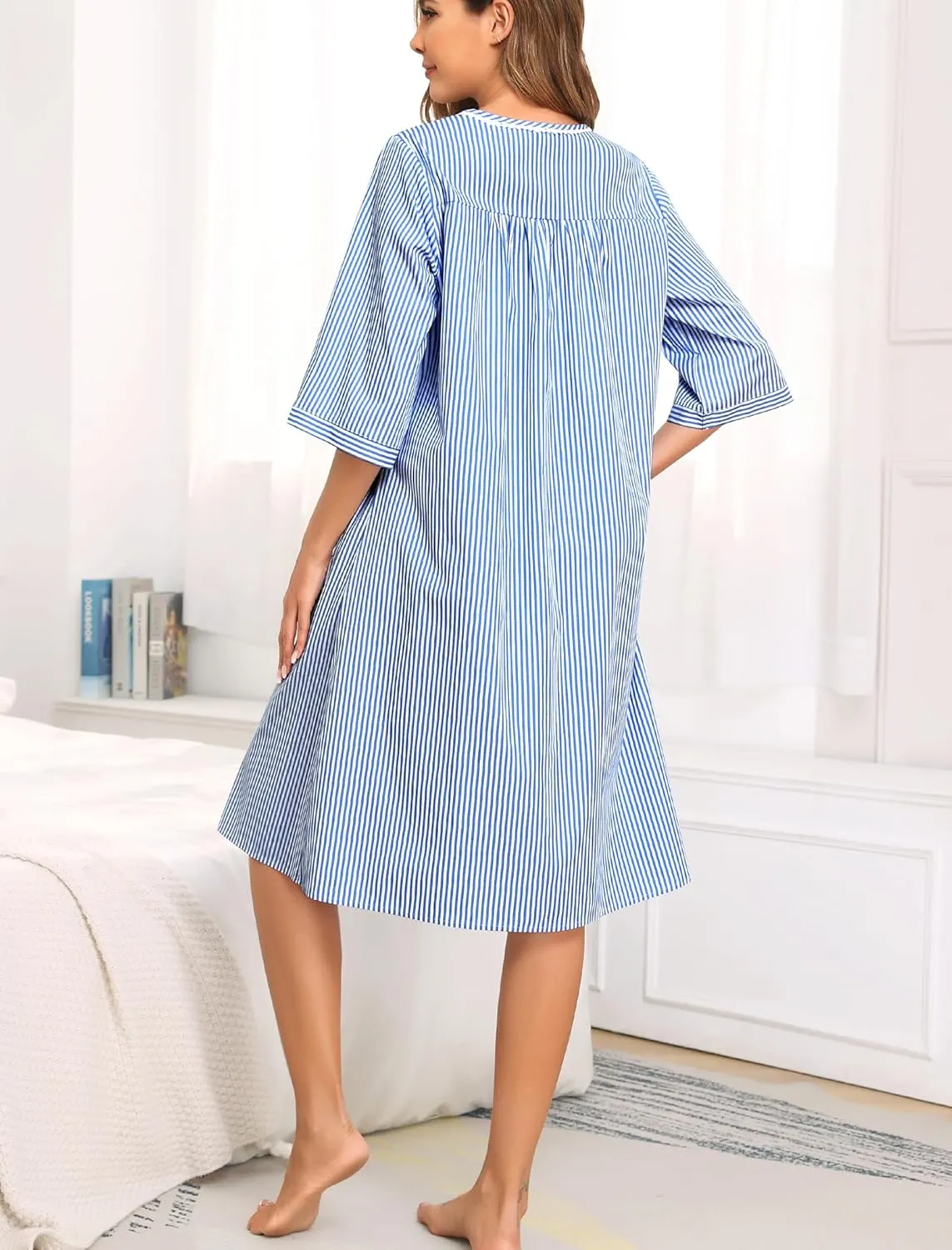 SWOMOG House Dress for Women Snap Front Dusters for Women with Pockets 3/4 Sleeve Nightgown S-XXXL