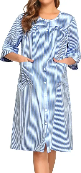 SWOMOG House Dress for Women Snap Front Dusters for Women with Pockets 3/4 Sleeve Nightgown S-XXXL