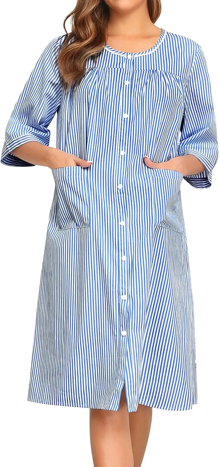 SWOMOG House Dress for Women Snap Front Dusters for Women with Pockets 3/4 Sleeve Nightgown S-XXXL