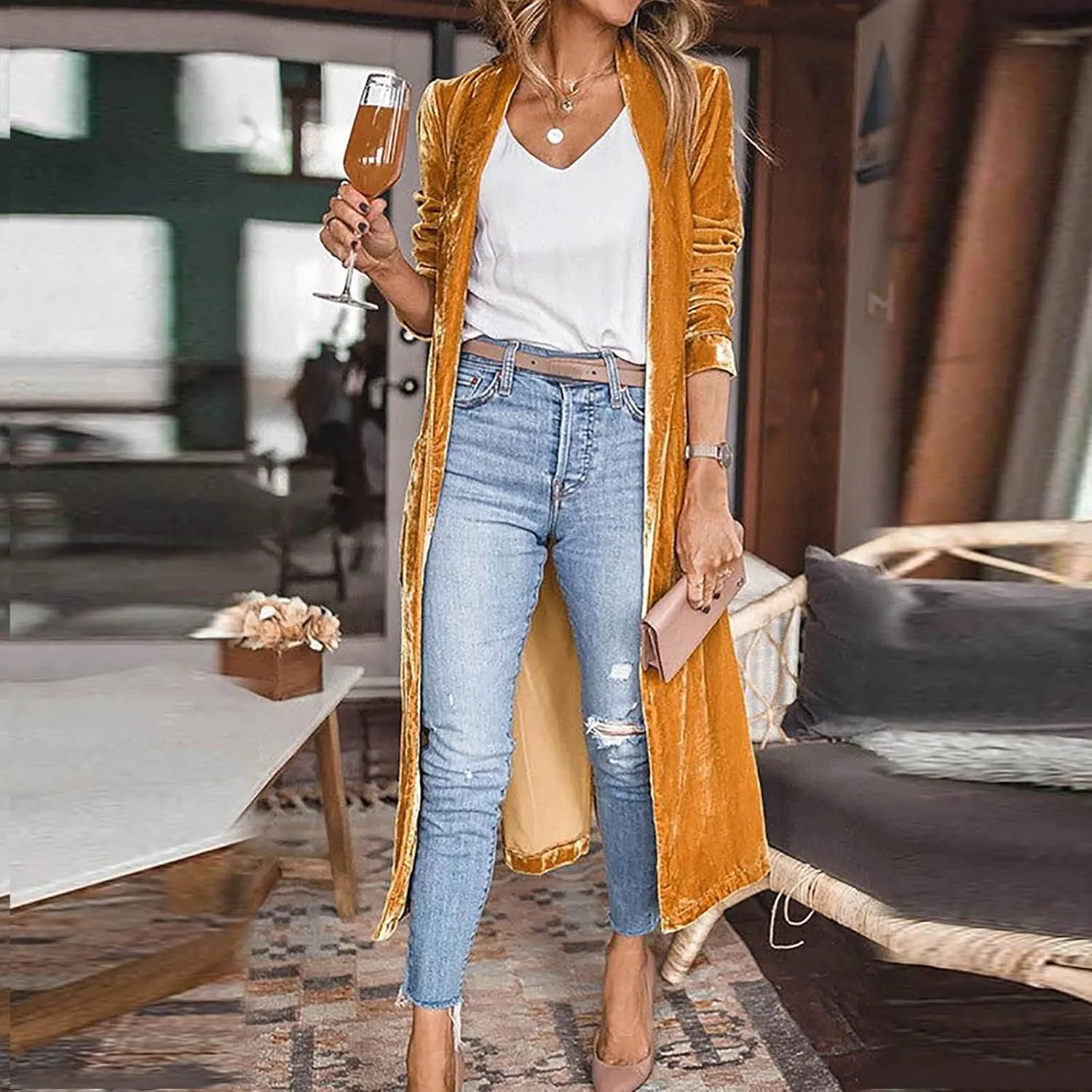 TANGNADE Women Long Velvet Cardigan Jacket Lapel Collar Open Front Vintage Velour Blazers for Party Wedding Outfits
