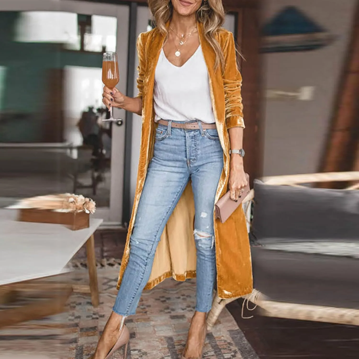 TANGNADE Women Long Velvet Cardigan Jacket Lapel Collar Open Front Vintage Velour Blazers for Party Wedding Outfits