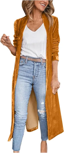 TANGNADE Women Long Velvet Cardigan Jacket Lapel Collar Open Front Vintage Velour Blazers for Party Wedding Outfits