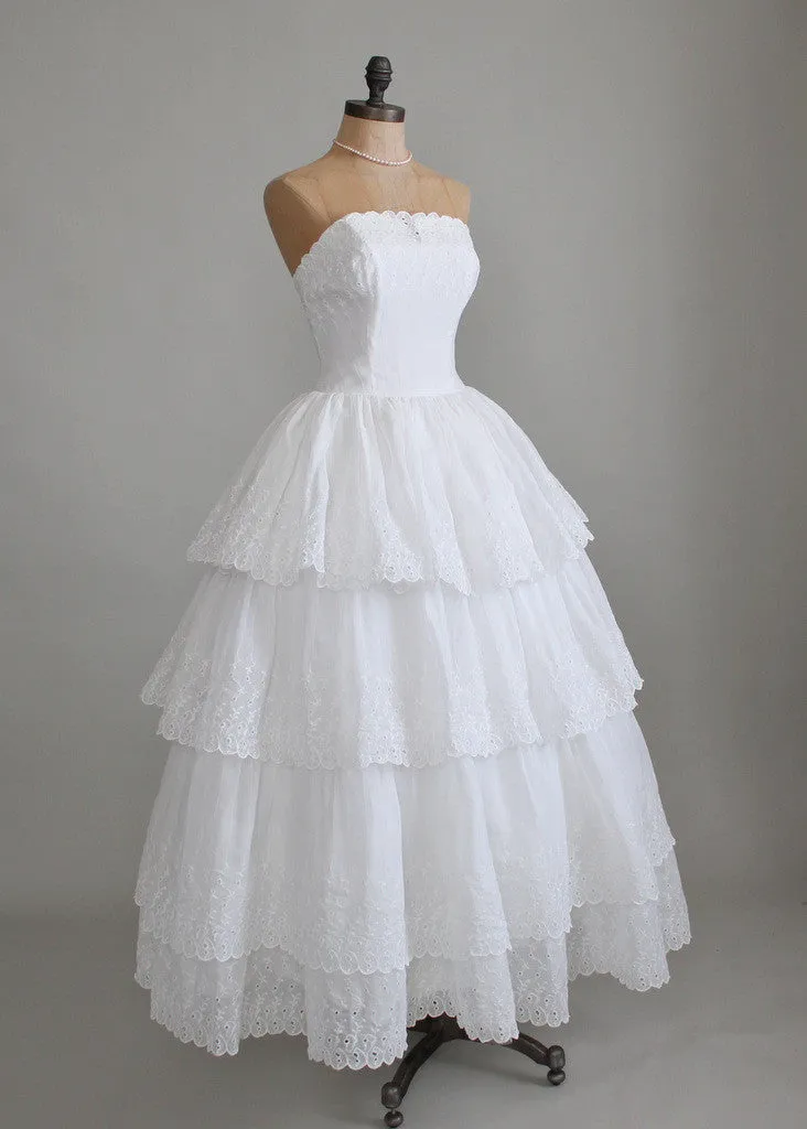 Vintage 1950s White Organdy Eyelet Wedding Dress