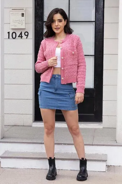 Women's Round Neck Button-Up Cardigan