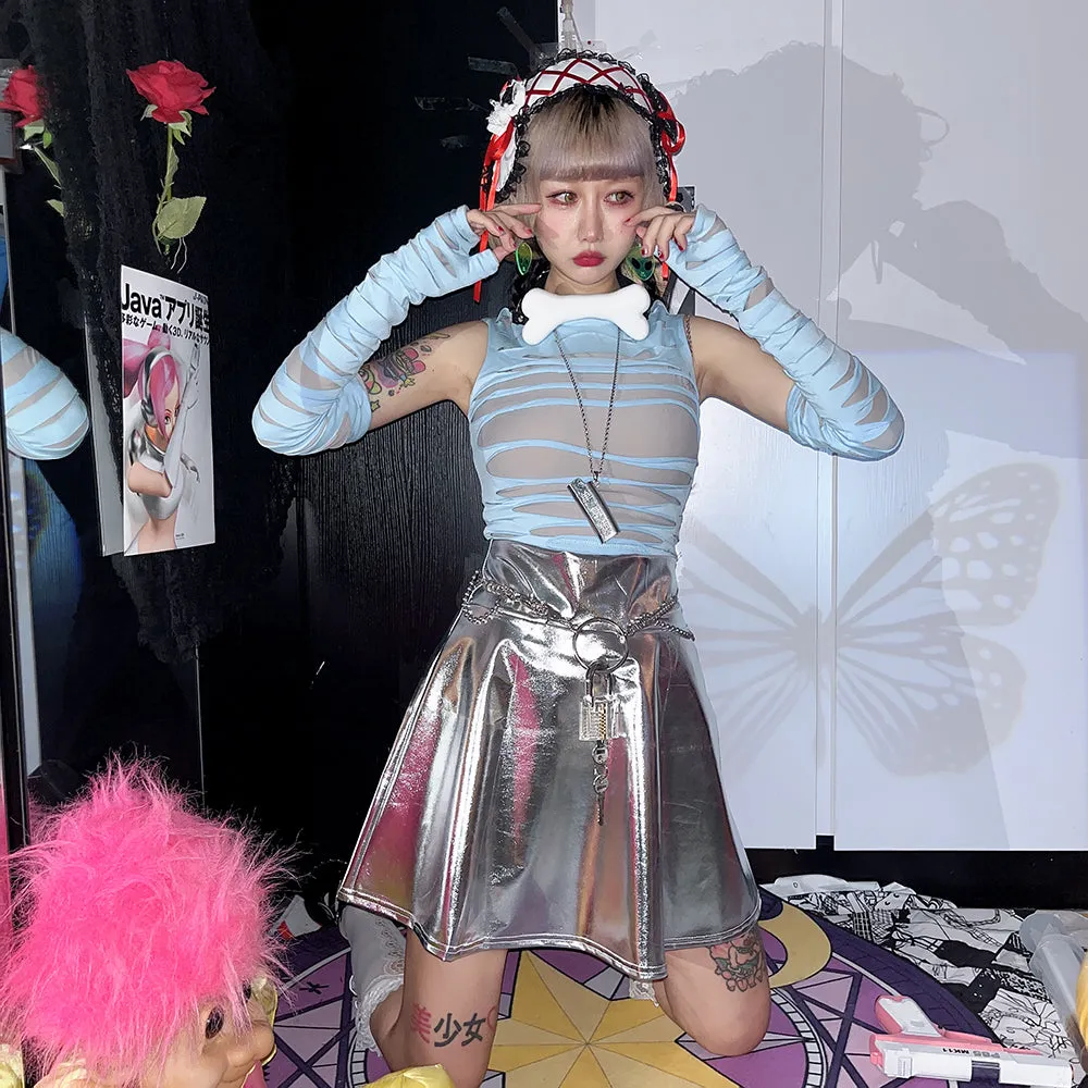 Y2K Hot Spice Girls Laser A-line Summer Holographic Flared Metalic Skirt