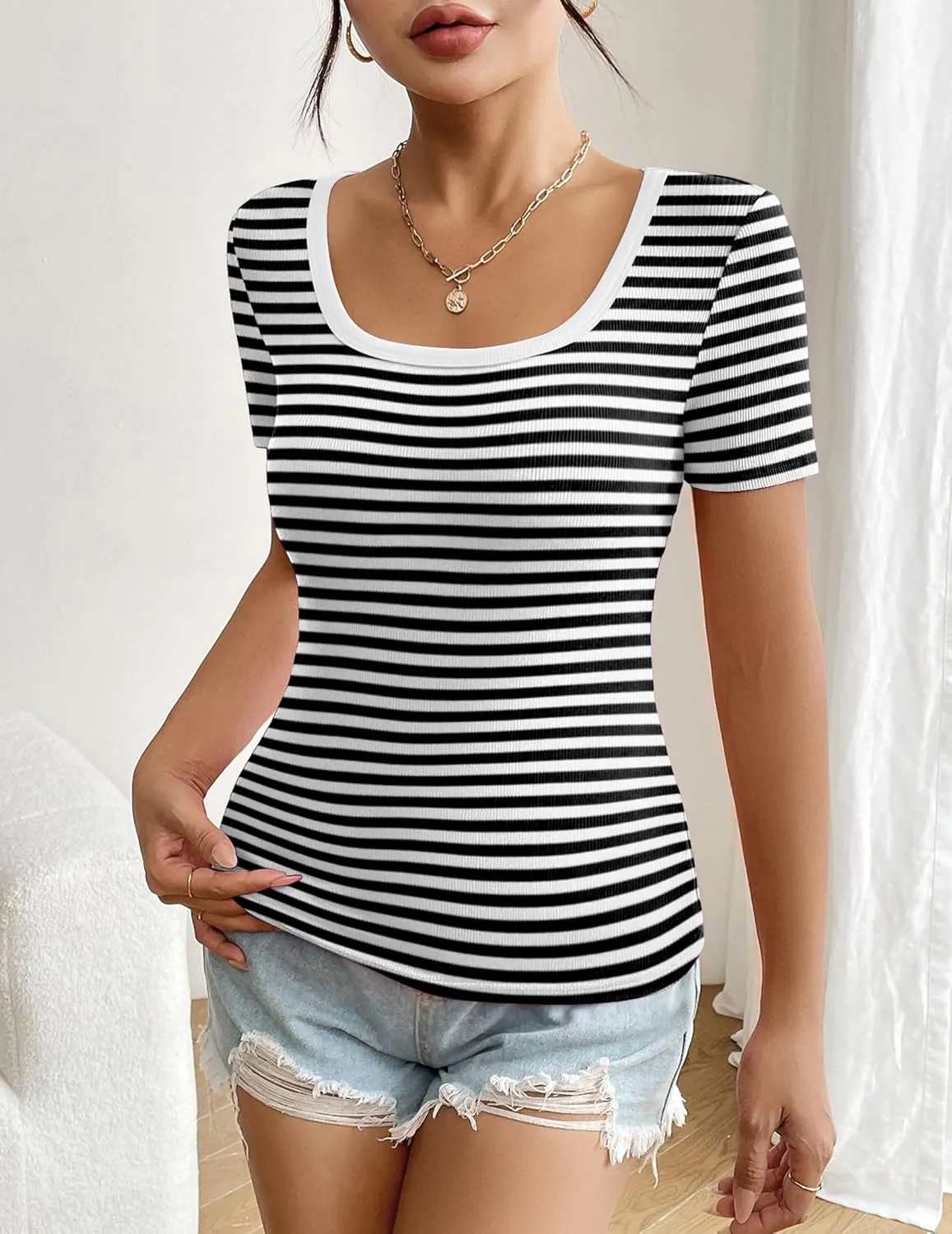 Zeagoo Women's Short Sleeve T Shirts Casual Summer Basic Scoop Neck Slim Fit Rib Knit Business Work Tee Tops